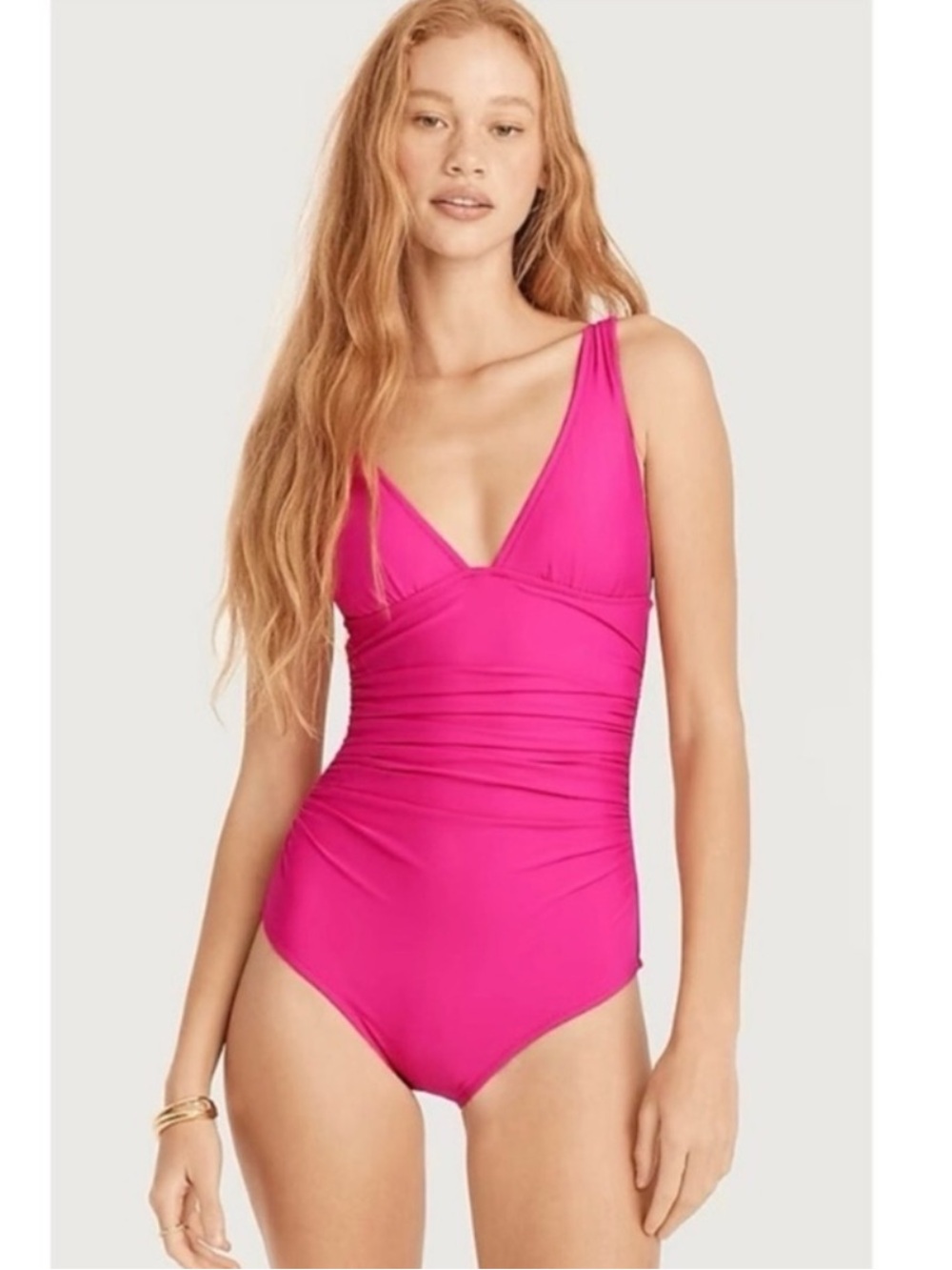J Crew Radiant Fuchsia Pink Ruched V neck One piece Swimsuit NWT